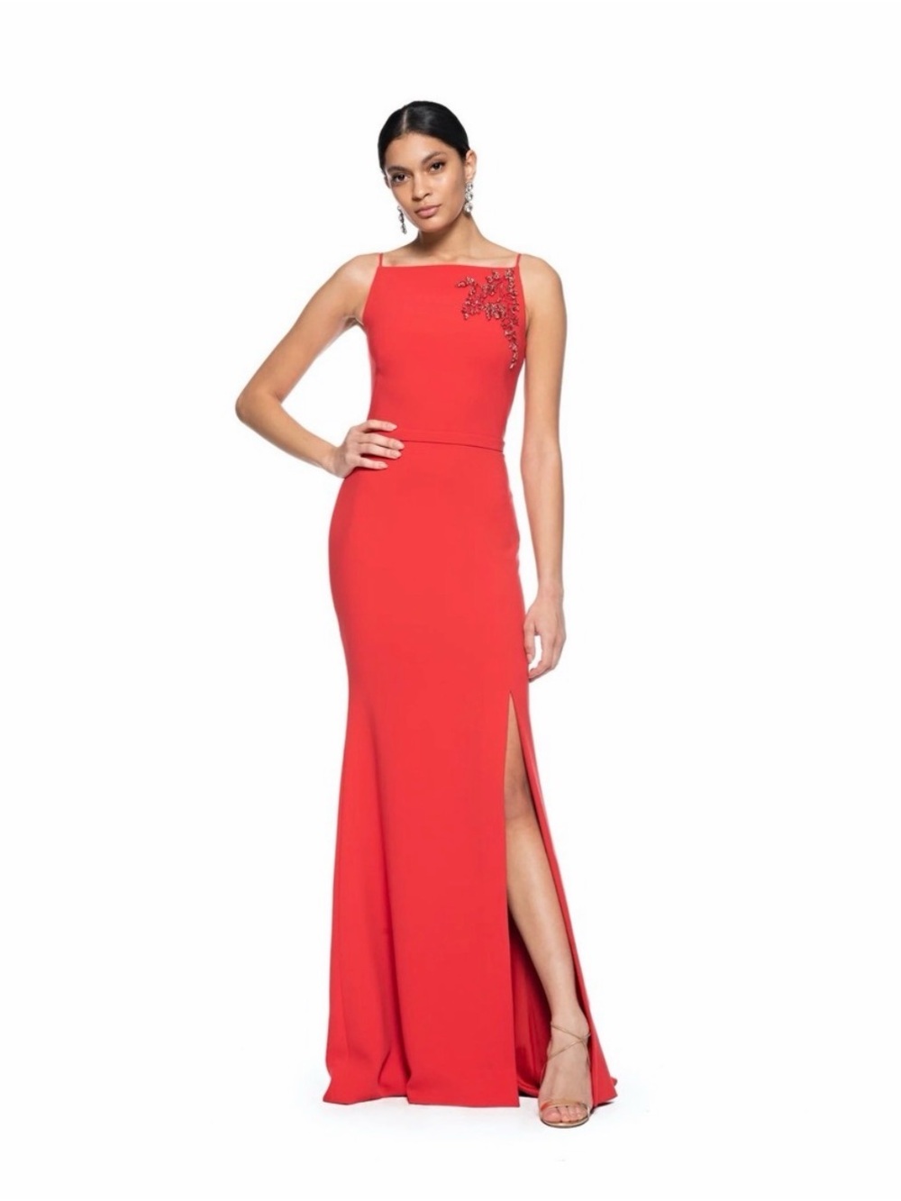 Theia Red Beaded One-Shoulder Prom Gown Apron Neck